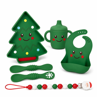 Ensemble de sevrage pour bébé en silicone personnalisé OEM pour Noël, avec assiette à ventouse, tasse à bec, cuillère et attache-sucette