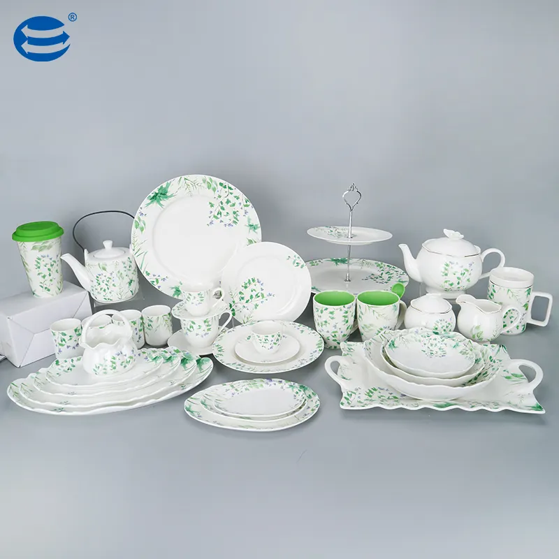 Vajilla de porcelana con flores y hojas verdes al por mayor, juego de vajilla de porcelana china, juego de vajilla elegante exquisito