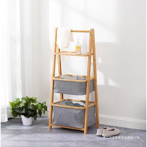 Panier à linge pliable à trois niveaux en bambou, étagère de rangement en bois à 3 étages avec bacs pour salle de bain, chambre, salon, style nordique - Product Image 1