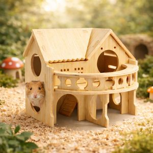 Grande maisonnette <span class=keywords><strong>en</strong></span> bois pour hamsters, à double étage, style forêt, pour hamsters nains, souris, gerbilles, rats, petits animaux, taille compacte - Product Image 6