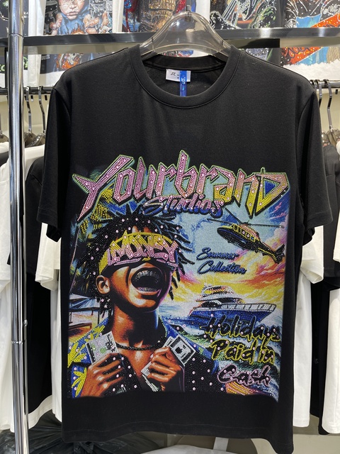 Men's Hip Hop Rhinestone Graphic T-Shirt - Yourbrand Studios Holiday Paid in Cash Print, Black Oversized Cotton Tee