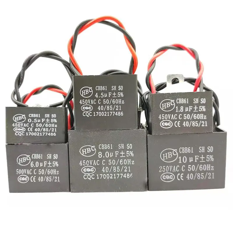 Capacitor de capacitor cbb61 500v, capacitor de película para capacitor de motor 450vac 6.0uf 40/70/20, 40/85/21 200-500vac, potência