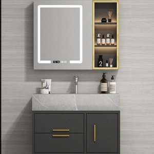 Meuble de salle de bain CR 80 cm avec miroir intelligent LED, armoire noire, vasque en céramique monobloc - Product Image 1