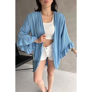 DEFILE Women's Elegant <b>White</b> Mesh <b>Cardigan</b> with Ruffled Sleeves, 100% Cotton Knitwear for Spring <b>Summer</b> Casual Wear - Product Image 2