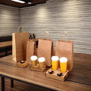 AT PACK Coffee Shop Supplies 1 2 3 4 Cups Kraft Brown Paper Takeaway Kraft Paper Bags For Restaurant Fast Food Take Out Away