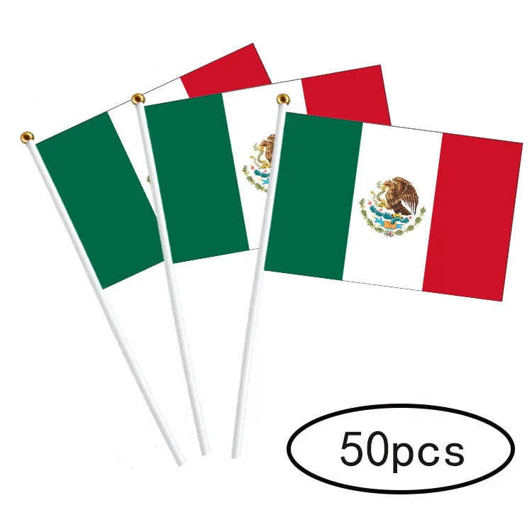 Mexico country flag with flagpole 14*21cm custom polyester Mexican hand flag