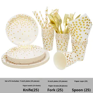 Best-selling Disposable Restaurant Party Dot Tableware Set Round Paper Plate Paper Cup Knife Fork Tableware Set - Product Image 3