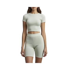 เสื้อกล้ามกางเกงขาสั้นผู้หญิงลำลองชุดเดียวระบายอากาศได้ดีเสื้อเอวสูงถักเอวสูงรูปแบบสีทึบ - Product Image 1