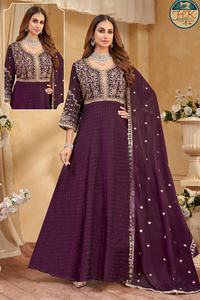 Costume Anarkali pour femmes, couleur vin, brodé, avec dupatta, tenue de soirée de créateur, tenue ethnique indienne pour mariage et fêtes - Product Image 3