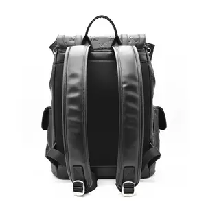 Custom Luxurious Mens Debossed Logo Black Premium Real Genuine Cowhide Leather Business Laptop Bag Backpack For Work