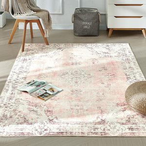 <span class=keywords><strong>Tapis</strong></span> Bohème Vintage <span class=keywords><strong>Rose</strong></span> Clair à Poils Courts Imprimé Floral pour Intérieur, Grande Taille 5x7, Antidérapant, Lavable en Machine, Idéal Salon - Offre Spéciale - Product Image 2