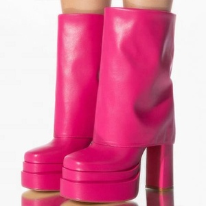 Trendy Short Overlay Platform Chunky High Heels Ankle <b>Boots</b> for Women Square Toe Folded Over Shoes - Product Image 1