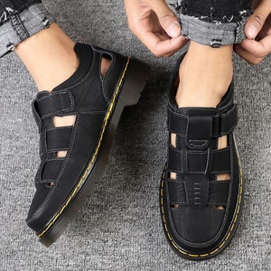 Sandales d'extérieur décontractées pour hommes en cuir véritable, motif uni, antidérapantes, durables, à enfiler, avec semelle extérieure en tendons de bœuf, pour l'été - Product Image 5
