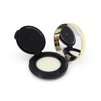 Boîte vide pour fond de teint compact 15g, ronde, noire, avec couvercle supérieur et bord doré, incluant houppette et éponge