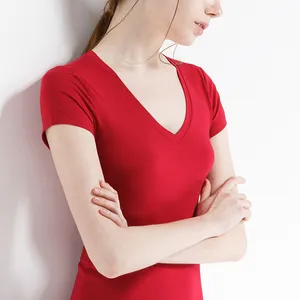 K266A批发女式深v领平纹无品牌t恤女式高品质印花t恤