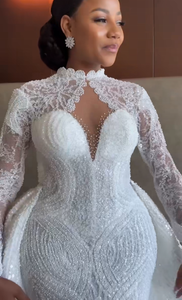 <span class=keywords><strong>Robe</strong></span> de mariée sirène personnalisée en dentelle perlée brillante Aso Ebi avec traîne détachable et manches longues - Product Image 2