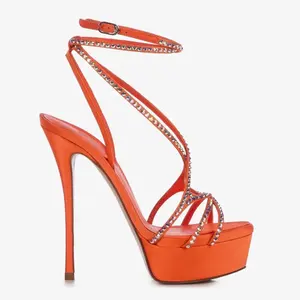 Anmairon Neueste Design Kristall Schuhe Sommer Luxus Orange Satin Fisch Mund Diamant Sandalen Dünne Ferse Plattform Sandalen