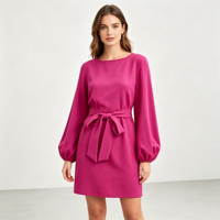 Robe courte en satin pour femme, col bateau, manches longues lanternes, ceinture à nouer, couleur unie, respirante, idéale pour le bureau