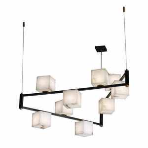 Lámpara colgante LED moderna de hierro negro lineal con pantallas cuadradas de alabastro para sala de estar, luz blanca cálida de 3500K - Product Image 6