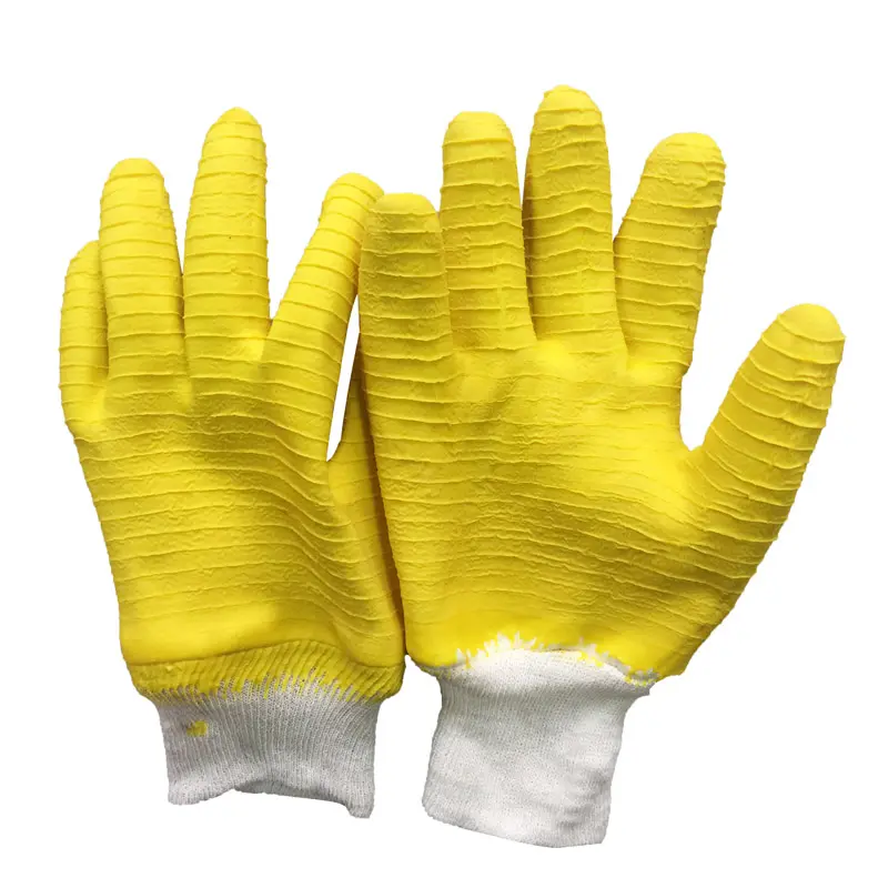 Logotipo impreso personalizado, protección laboral, seguridad, construcción, verde, amarillo, Jersey de algodón, guantes ondulados con revestimiento de látex sumergido completo para el trabajo