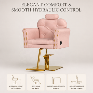 Sillón de Peluquería de Lujo Estilo Francés, en Cuero Rosa con Tachuelas Doradas, Hidráulico y Reclinable - Product Image 5