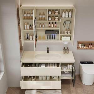 New white bathroom vanity hanging counter with LED mirror cabinet and soft closing storage drawers - Product Image 4