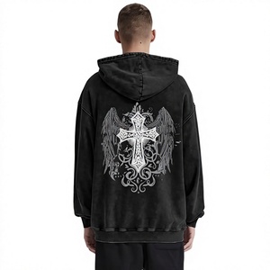 Sweat à capuche noir délavé pour hommes, fermeture éclair, imprimé croix gothique, ailes d'ange, streetwear Harajuku Y2K - Product Image 3