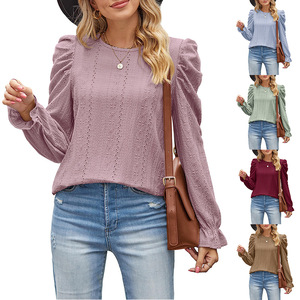 Blusa Feminina de Outono Moda Decote Redondo Manga Longa Elegante Camisas Top em Cor Sólida para Mulheres - Product Image 2