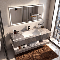 Coiffeuse Murale de Salle de Bain Direct Usine, Moderne, en Marbre, avec Lavabo et Miroir LED Intelligent
