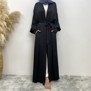 1975# New Arrival Smooth Ribbed Satin Open <b>Abaya</b> Straight Cuffs Elegant Women Dubai Cardigan With Side Pockets 4 Colors - Product Image 3
