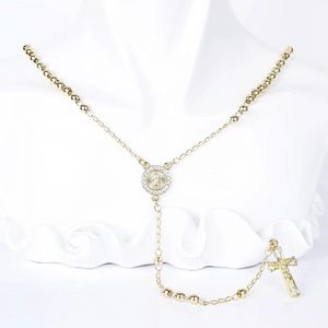 Collar de Rosario de Perlas con Baño de Oro de 14K y Circones, Cruz de Jesús y Virgen María, para Joyería Católica - Product Image 1