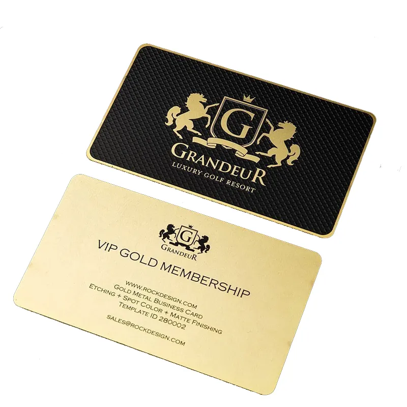 Individuell plattierte glänzende goldene Metallkarten mit Radierung graviert geprägtes erhöhtes Logo Siebdruck mattschwarze Metall-Visitenkarten
