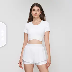 2023 Summer Cross Waist Sports Crop O Neck Short Sleeve Tennis Tops Wholesale Women Fixed Cups Gym Tank Bras