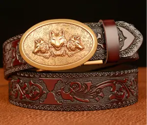 Wholesale Personalized Logo Wolf Head Automatic Buckle Male Belts 100% Genuine Cowhide Leather Casual Belt Man