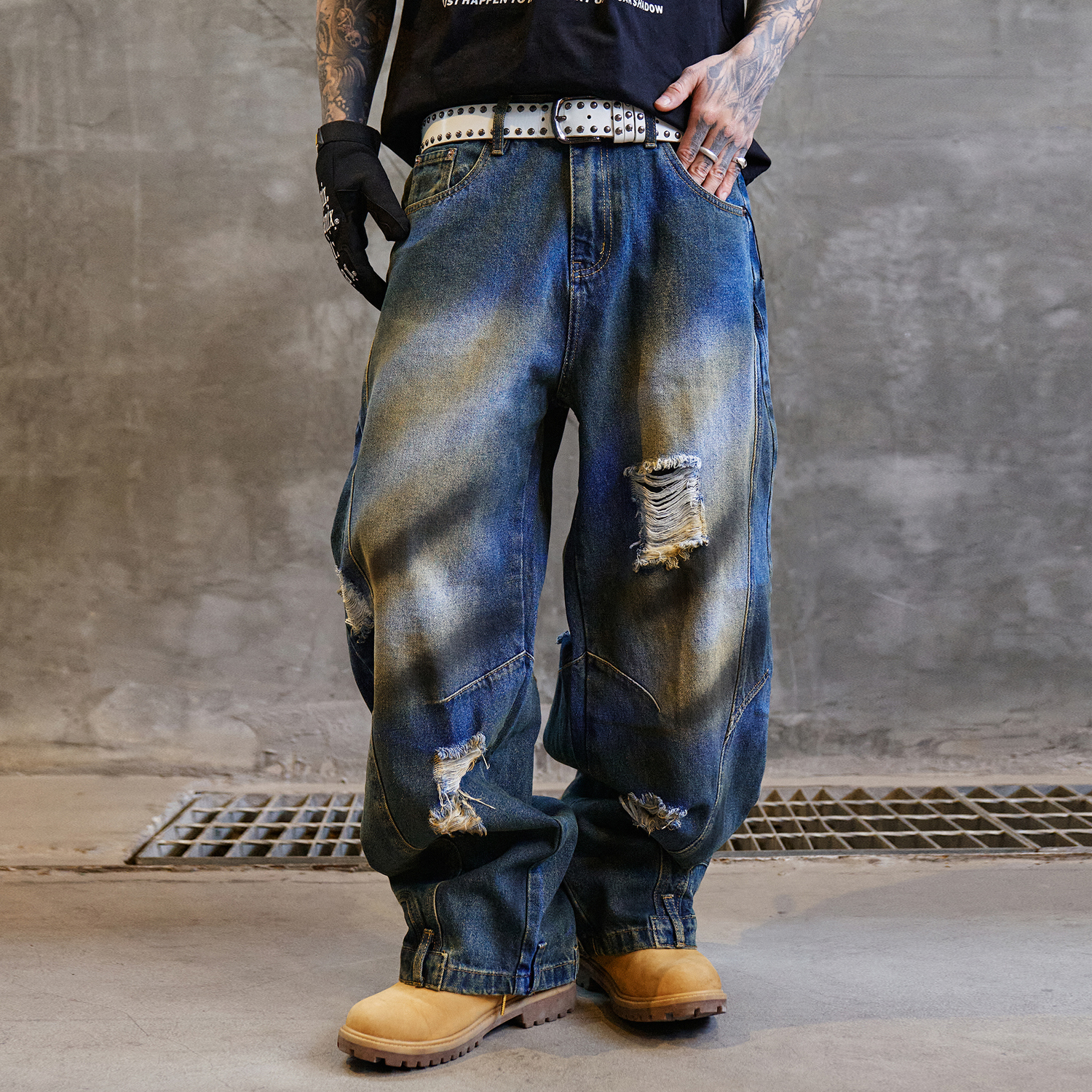Guangzhou Wide Leg Ripped Jeans for Men - Baggy Distressed Denim 