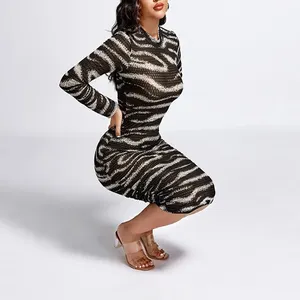 High Quality Sexy Animal Stripes Print Sheer Mesh Dress Women Bodycon Trendy Tight Long Sleeve Translucent Con Dresses Women