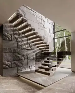 עכשווי צף מדרגות עם עץ לדרוך Invisible סטרינגר ישר מדרגות מודרני בית להשתמש צף מדרגות מקורה