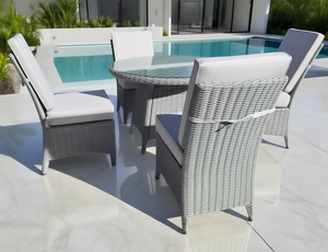 Juego de comedor de patio de ratán gris claro | Mesa redonda de vidrio, cojines a juego | Uso en el patio trasero de la <span class=keywords><strong>terraza</strong></span> del jardín - Product Image 3