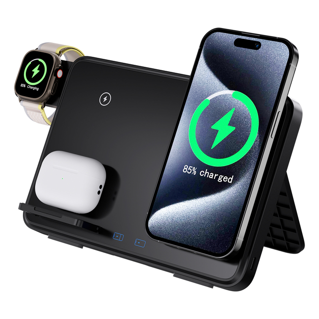 New Products 2025 Electronics 4 in 1 Wireless Charging Station Triple Device Charger 15W Phone Holder Foldable Travel Station