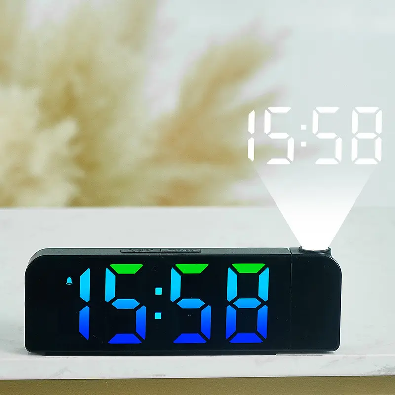RGB 거울 다채로운 3D 프로젝터 알람 시계 온도 벽 프로젝션 시계가있는 월 날짜 침대 옆 시계