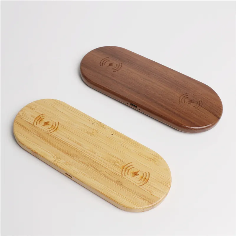 Custom 2 IN 1 Wood QI Standard Wireless Charging Pad Station Charger 2 Phones for iPhone Samsung S21 Note Xiaomi Huawei