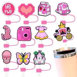 New Design Pink Girls Straw Toppers Charms Drinking Toppers Reusable Straws Silicone Tips Cover Girls Barbi Straw Buddies