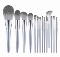 Ensemble professionnel de 14 pinceaux de maquillage gris argenté en bois, pinceaux de luxe pour fond de teint et estompage avec sac de voyage en suède, vente en gros