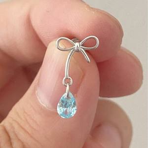 Exquisite S925 Pure Silver Bow Water Drop Dangle <b>Earrings</b> with Pink <b>Blue</b> Zircon <b>Studs</b> Stylish Niche Design - Product Image 1
