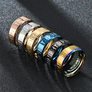 Cincin kepribadian 8mm huruf teks Anillo De Acero minyak tetes tidak dapat dikonsumsi cincin Rune Viking warna MULTI