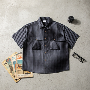 Camisas de Vestir Retro Americanas Hechas a Medida, Manga Tres Cuartos, Cuello Camisero, Bolsillos Dobles, Silueta Entallada, Camisa de Verano en Capas - Product Image 1