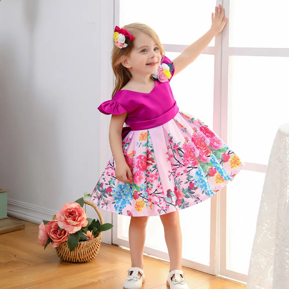 Kid Dresses 3D Flowers Print Big Bow Birthday Dress Toddler Baby Girls Children Princess Wed Dresses+Headgear