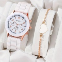 Ensemble de 4 montres tendance et bijoux de luxe, montre-bracelet en silicone, bracelet à breloques en forme de cœur, montre à quartz, cadeau pour homme et femme