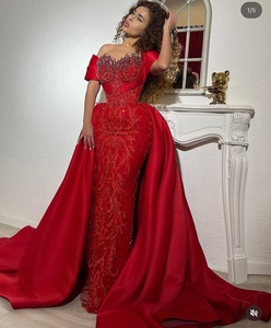 Elegantes Vestidos <span class=keywords><strong>de</strong></span> Fiesta <span class=keywords><strong>de</strong></span> <span class=keywords><strong>Boda</strong></span> Rojos Estilo Sirena Largos, <span class=keywords><strong>Vestido</strong></span> <span class=keywords><strong>de</strong></span> Noche Árabe <span class=keywords><strong>de</strong></span> Dubái y Arabia Saudita Personalizado 2026, <span class=keywords><strong>Vestido</strong></span> <span class=keywords><strong>de</strong></span> Gala con Cola Desmontable - Product Image 1