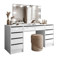 Table de toilette en bois blanc brillant de haute qualité, durable, avec miroir et tiroirs spacieux, éclairage intégré pour chambre à coucher, MOQ 100